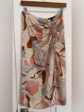 Forever 21 Satin Abstract Floral Midi Skirt | Tie Waist | Pastel Coral Blue | M